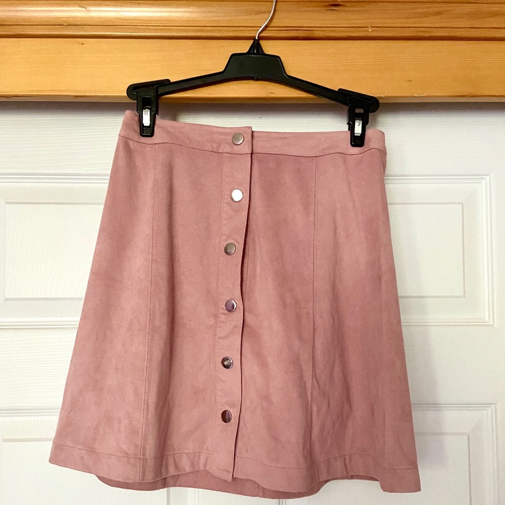 Pink faux suede skirt with silver buttons